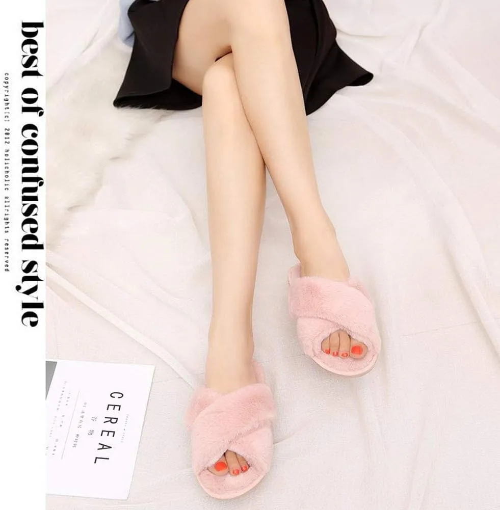 HUMIWA Womens Faux Fur Slippers Warm Fussy Flip Flop House Slippers Open Toe Home Slippers for Girls Men