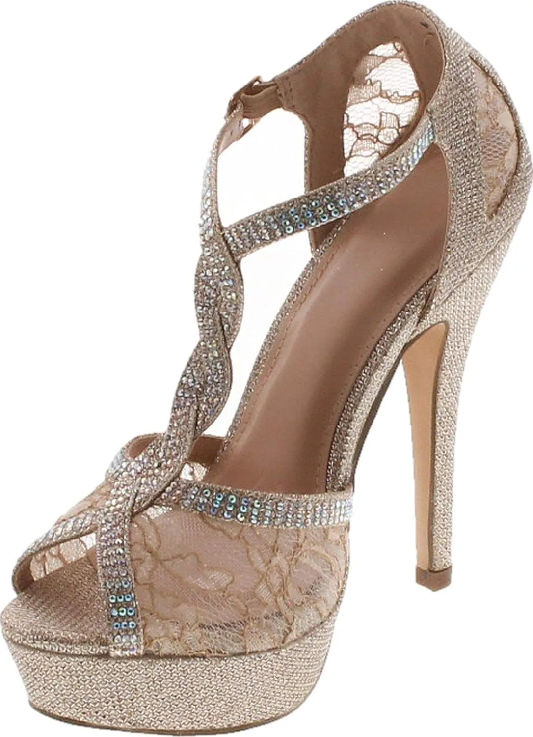 Hy-5 Formal Evening Party Lace Ankle T-Strap Peep Toe Stiletto High Heel Pumps