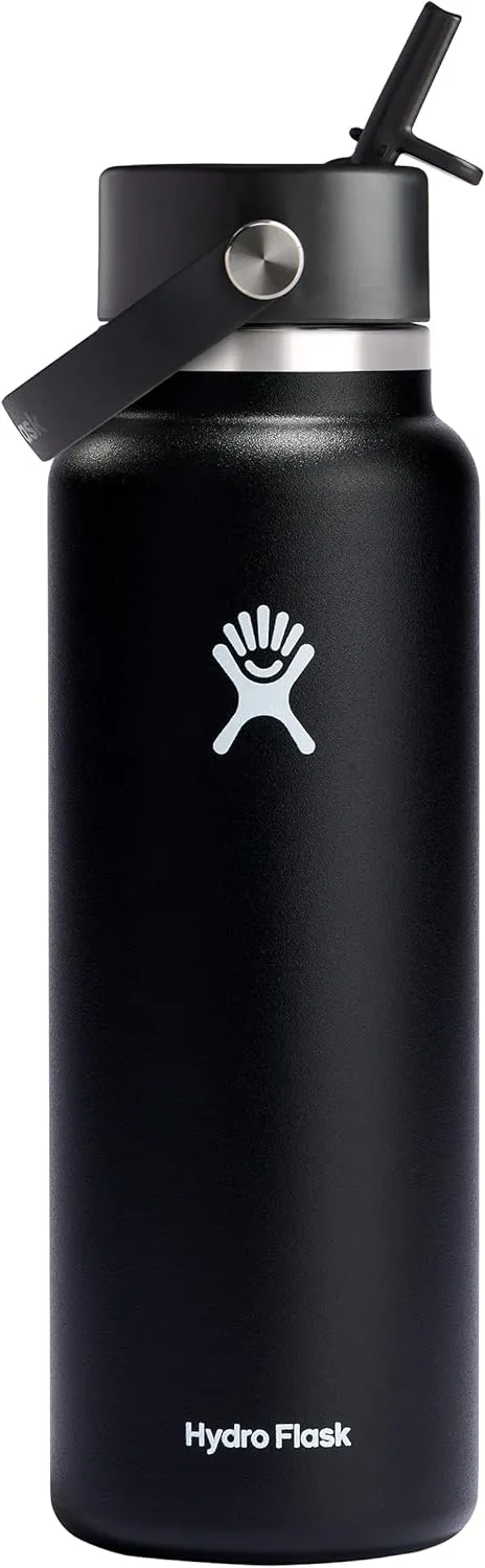Hydro Flask Water Bottle - Insulated Stainless Steel - Wide Straw Lid, Non Spill, Leakproof in 40 Oz Black