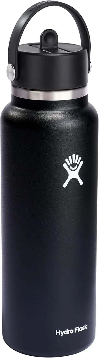 Hydro Flask Water Bottle - Insulated Stainless Steel - Wide Straw Lid, Non Spill, Leakproof in 40 Oz Black