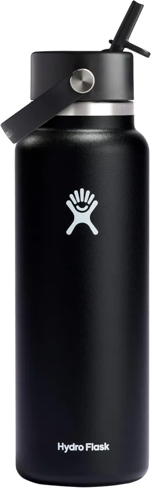 Hydro Flask Water Bottle - Insulated Stainless Steel - Wide Straw Lid, Non Spill, Leakproof in 40 Oz Black