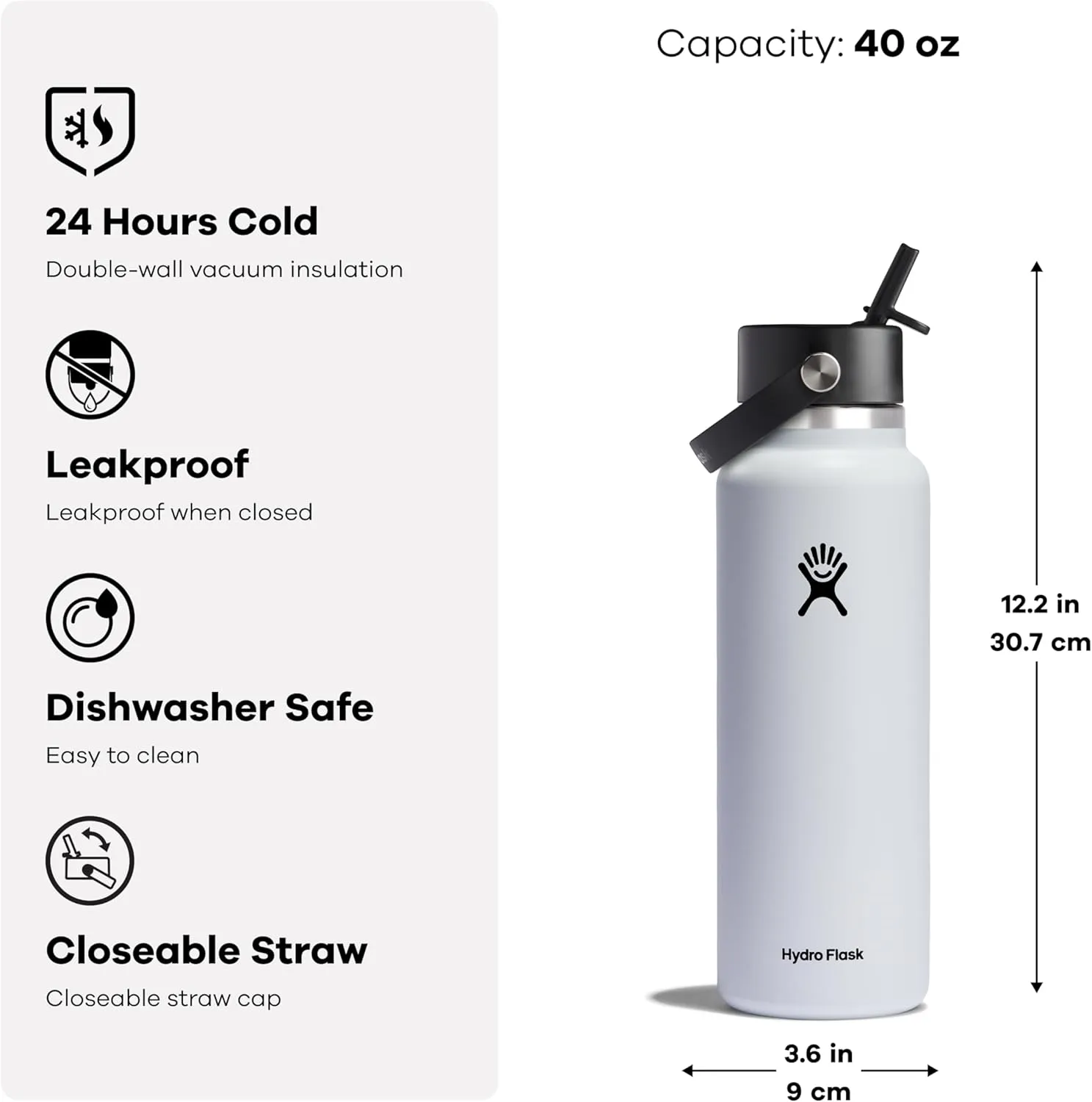 Hydro Flask Water Bottle - Insulated Stainless Steel - Wide Straw Lid, Non Spill, Leakproof in 40 Oz Black