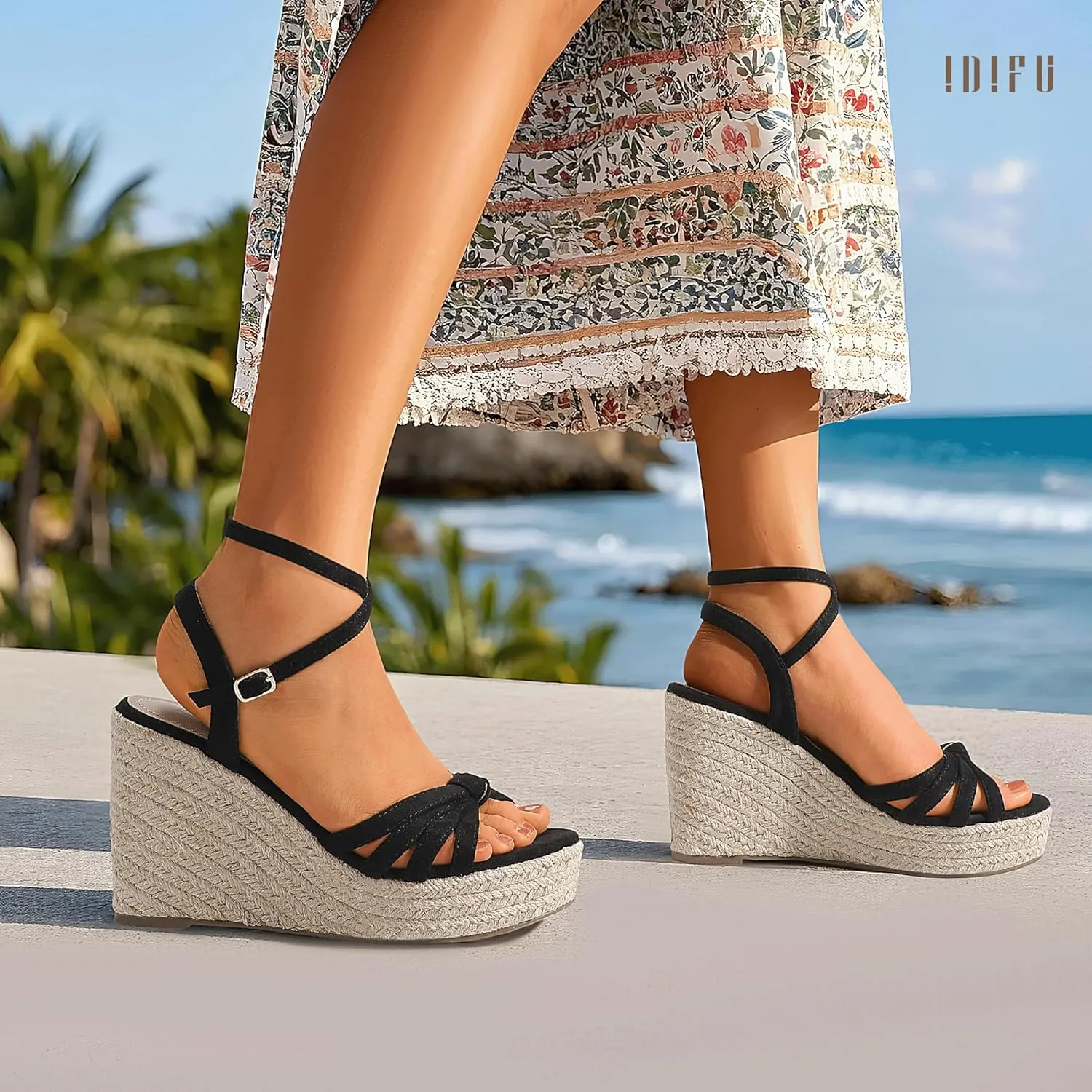 IDIFU IN4 Wedge Sandals for Women Espadrilles Ankle Strap Platform Wedges Heels for Women Wedding Bridal Ladies Wedge Sandals Comfortable Summer Dressy Sexy Strappy Wedge Shoes
