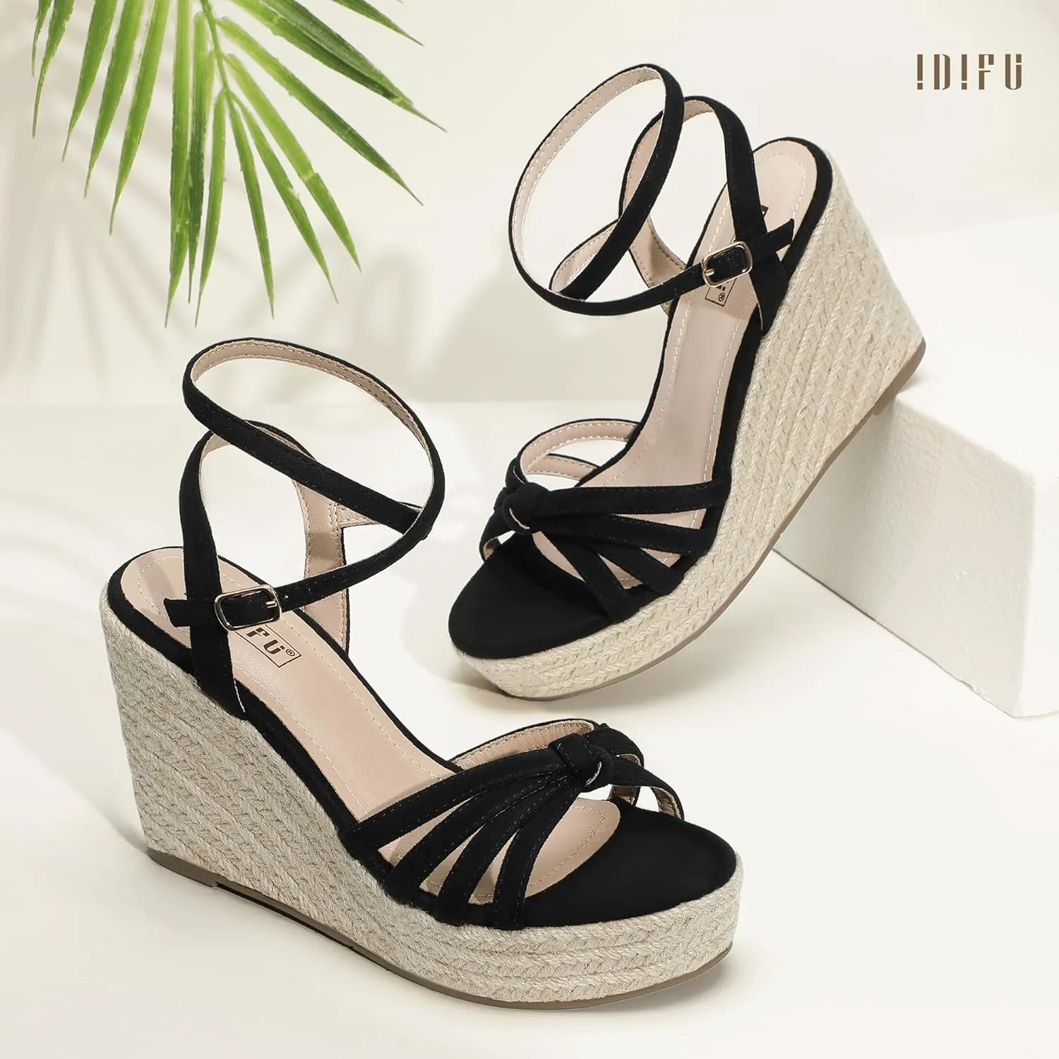IDIFU IN4 Wedge Sandals for Women Espadrilles Ankle Strap Platform Wedges Heels for Women Wedding Bridal Ladies Wedge Sandals Comfortable Summer Dressy Sexy Strappy Wedge Shoes