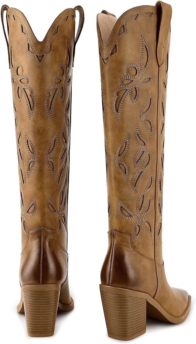 ISNOM Knee High Cowboy Cowgirl Boots for Women, Western Boots with Pull On Tab, Chunky Heel Design, Unique and Stylish