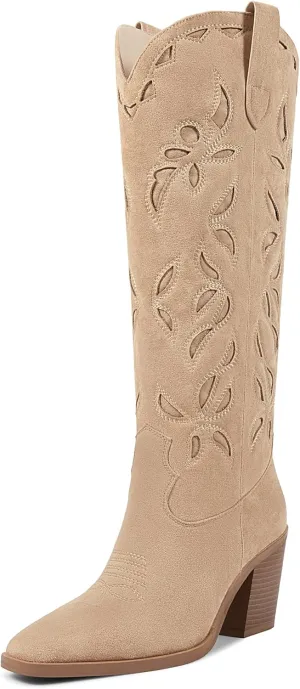 ISNOM Knee High Cowboy Cowgirl Boots for Women, Western Boots with Pull On Tab, Chunky Heel Design, Unique and Stylish