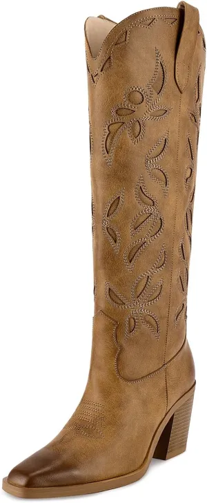 ISNOM Knee High Cowboy Cowgirl Boots for Women, Western Boots with Pull On Tab, Chunky Heel Design, Unique and Stylish