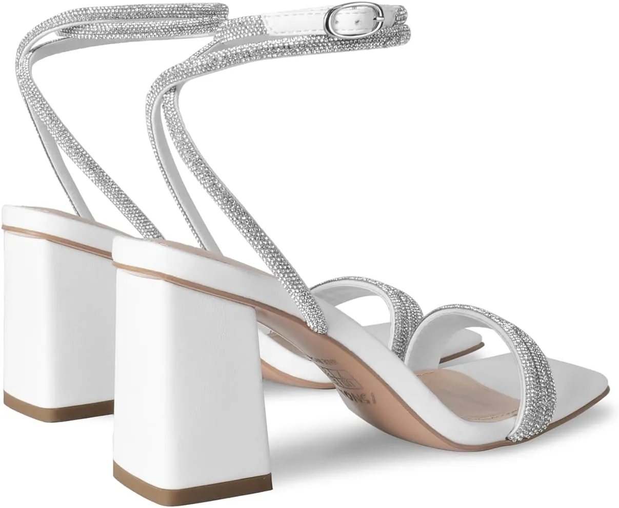 ISNOM Rhinestone Chunky Heels for Women, Square Open Toe Block Heeled Stylish and Comfortable