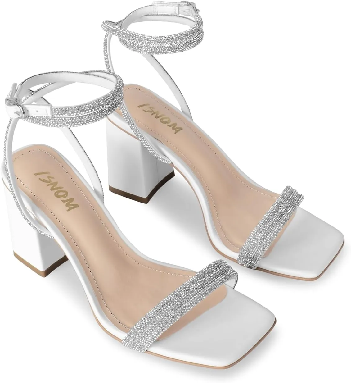 ISNOM Rhinestone Chunky Heels for Women, Square Open Toe Block Heeled Stylish and Comfortable