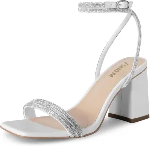 ISNOM Rhinestone Chunky Heels for Women, Square Open Toe Block Heeled Stylish and Comfortable
