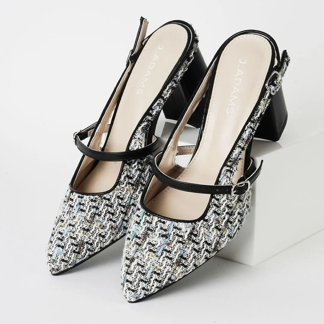 J. Adams Lori Women's Tweed Pointed Toe Block Heel Slingback Pumps - Stylish and Comfortable Mary Jane Heels Black