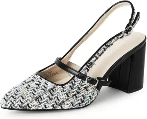 J. Adams Lori Women's Tweed Pointed Toe Block Heel Slingback Pumps - Stylish and Comfortable Mary Jane Heels Black