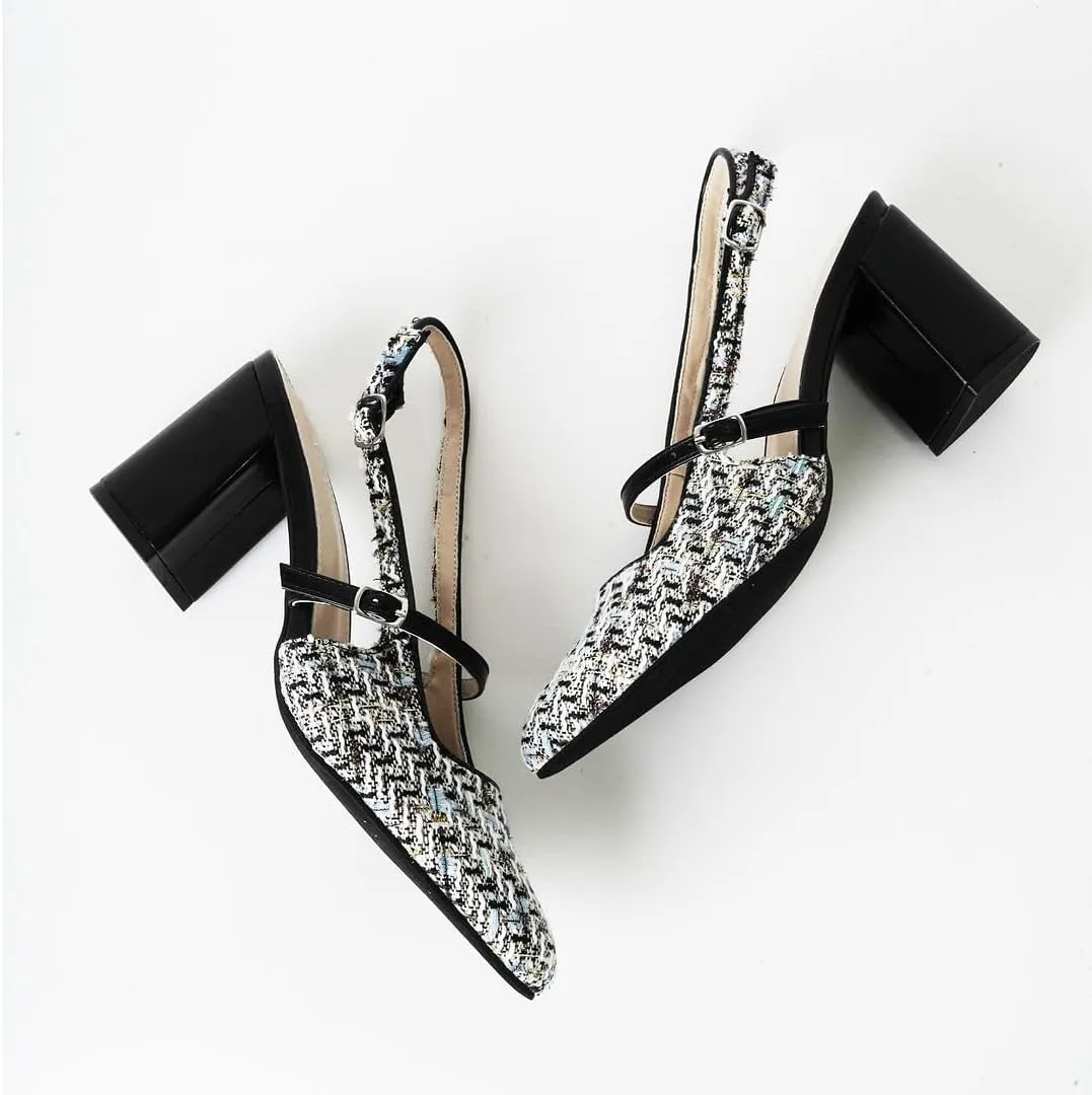 J. Adams Lori Women's Tweed Pointed Toe Block Heel Slingback Pumps - Stylish and Comfortable Mary Jane Heels Black