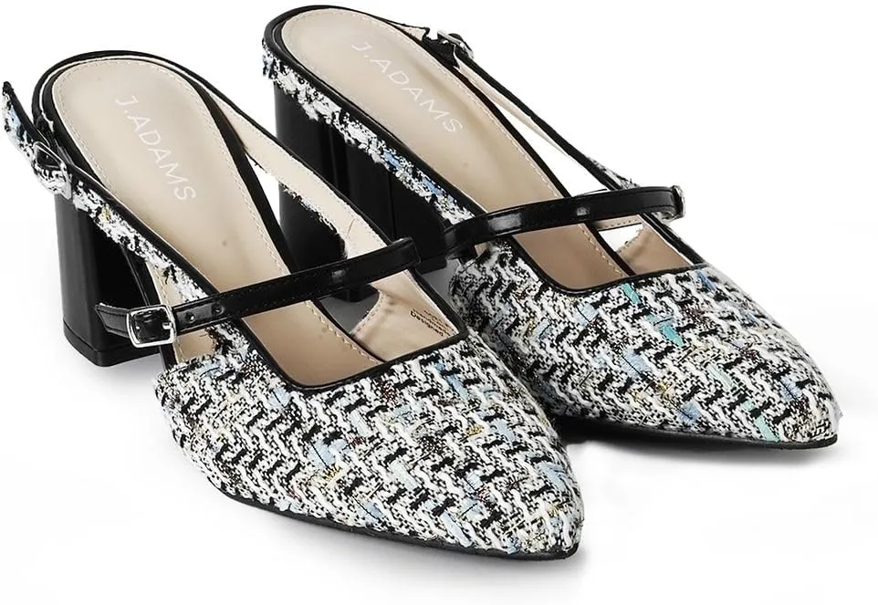 J. Adams Lori Women's Tweed Pointed Toe Block Heel Slingback Pumps - Stylish and Comfortable Mary Jane Heels Black