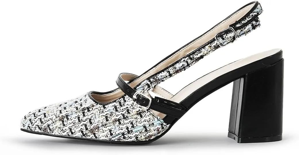 J. Adams Lori Women's Tweed Pointed Toe Block Heel Slingback Pumps - Stylish and Comfortable Mary Jane Heels Black