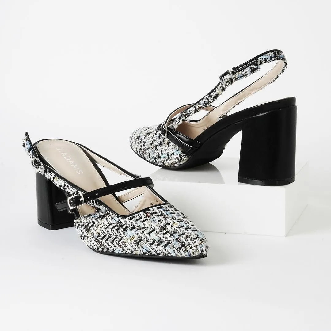 J. Adams Lori Women's Tweed Pointed Toe Block Heel Slingback Pumps - Stylish and Comfortable Mary Jane Heels Black