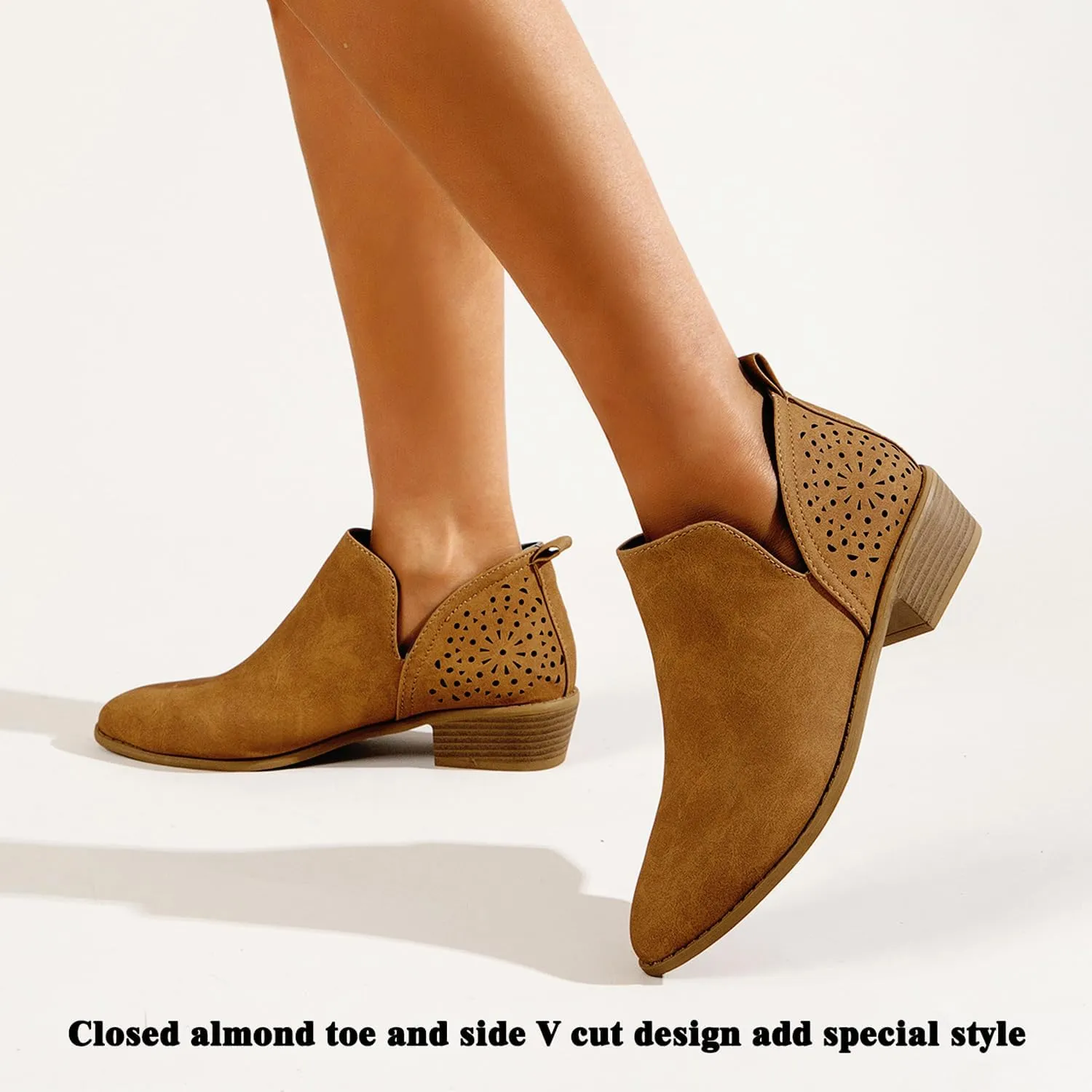 JITUUE Ankle Boots for women Casual Cut Out Slip On Low Heel Short Chunky Stacked Heel Perforated Side V Cut Western Booties Cutout Shoes