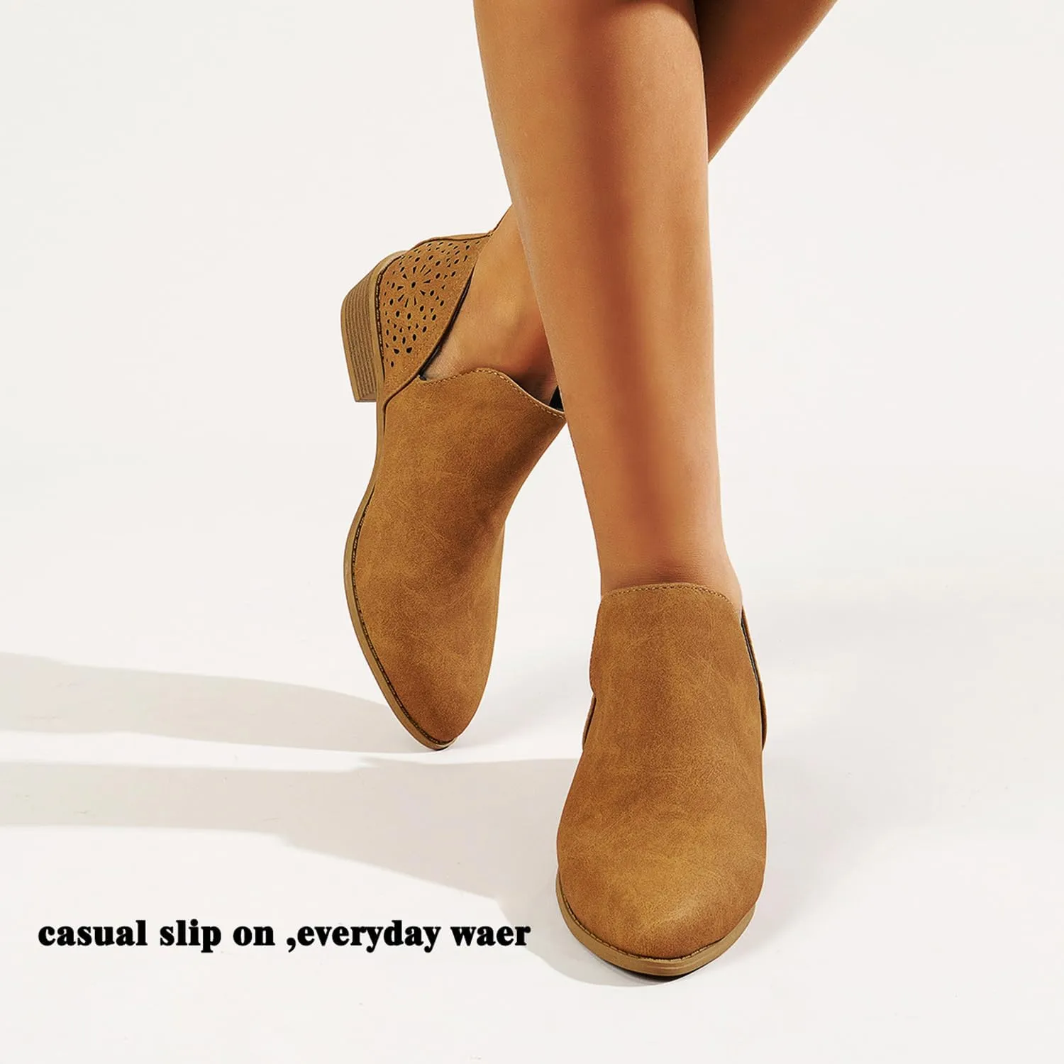 JITUUE Ankle Boots for women Casual Cut Out Slip On Low Heel Short Chunky Stacked Heel Perforated Side V Cut Western Booties Cutout Shoes