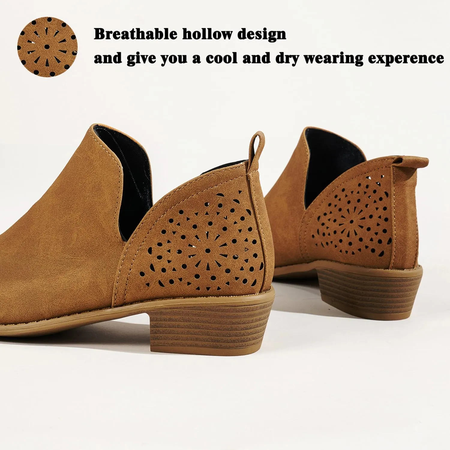 JITUUE Ankle Boots for women Casual Cut Out Slip On Low Heel Short Chunky Stacked Heel Perforated Side V Cut Western Booties Cutout Shoes