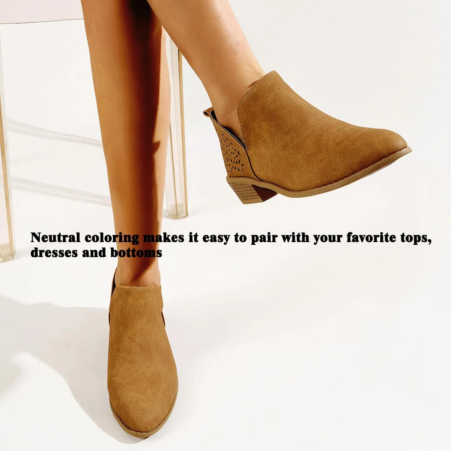JITUUE Ankle Boots for women Casual Cut Out Slip On Low Heel Short Chunky Stacked Heel Perforated Side V Cut Western Booties Cutout Shoes