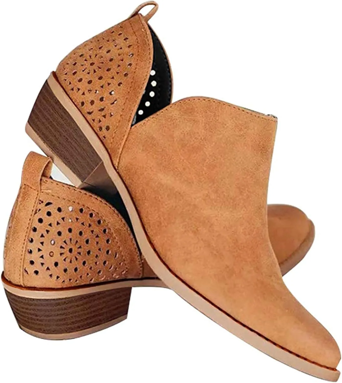 JITUUE Ankle Boots for women Casual Cut Out Slip On Low Heel Short Chunky Stacked Heel Perforated Side V Cut Western Booties Cutout Shoes