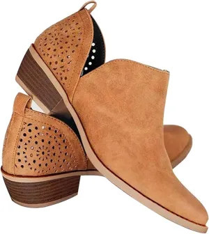 JITUUE Ankle Boots for women Casual Cut Out Slip On Low Heel Short Chunky Stacked Heel Perforated Side V Cut Western Booties Cutout Shoes