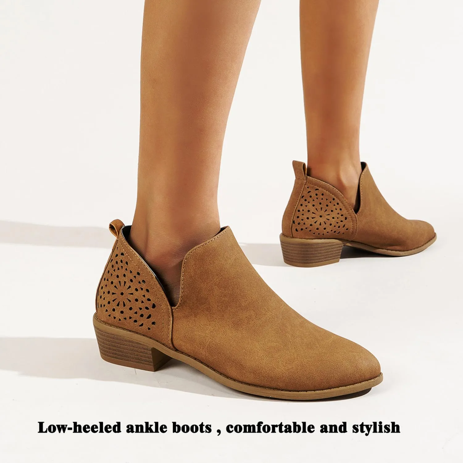 JITUUE Ankle Boots for women Casual Cut Out Slip On Low Heel Short Chunky Stacked Heel Perforated Side V Cut Western Booties Cutout Shoes