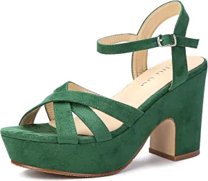 Jiu du Women's Platform Heels Sandals Open Toe Wedge Heels Suede Ankle Strap Chunky Heels Wedding Dressy Party Pumps