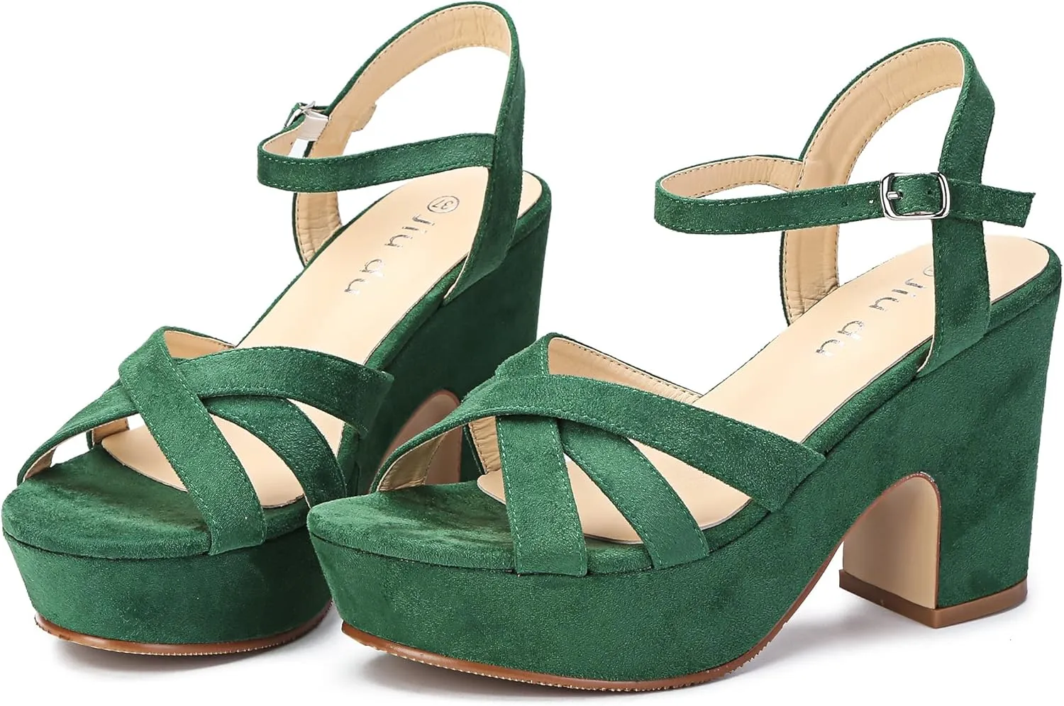 Jiu du Women's Platform Heels Sandals Open Toe Wedge Heels Suede Ankle Strap Chunky Heels Wedding Dressy Party Pumps