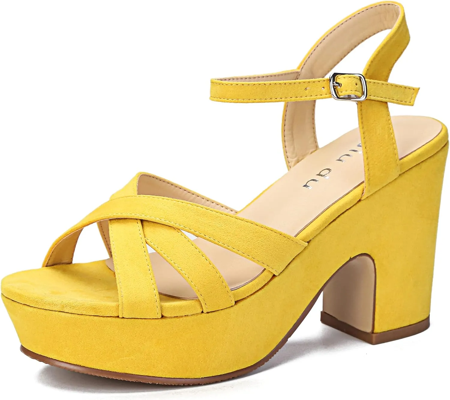 Jiu du Women's Platform Heels Sandals Open Toe Wedge Heels Suede Ankle Strap Chunky Heels Wedding Dressy Party Pumps