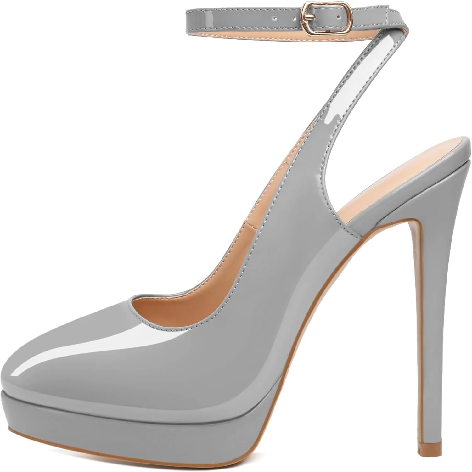 Joseywade Women's Platform Heels Slingback Round Toe Slim Thin Stilettos High Heel Pumps Ankle Strap Comfort Wedding Dress Shoes 5 Inch