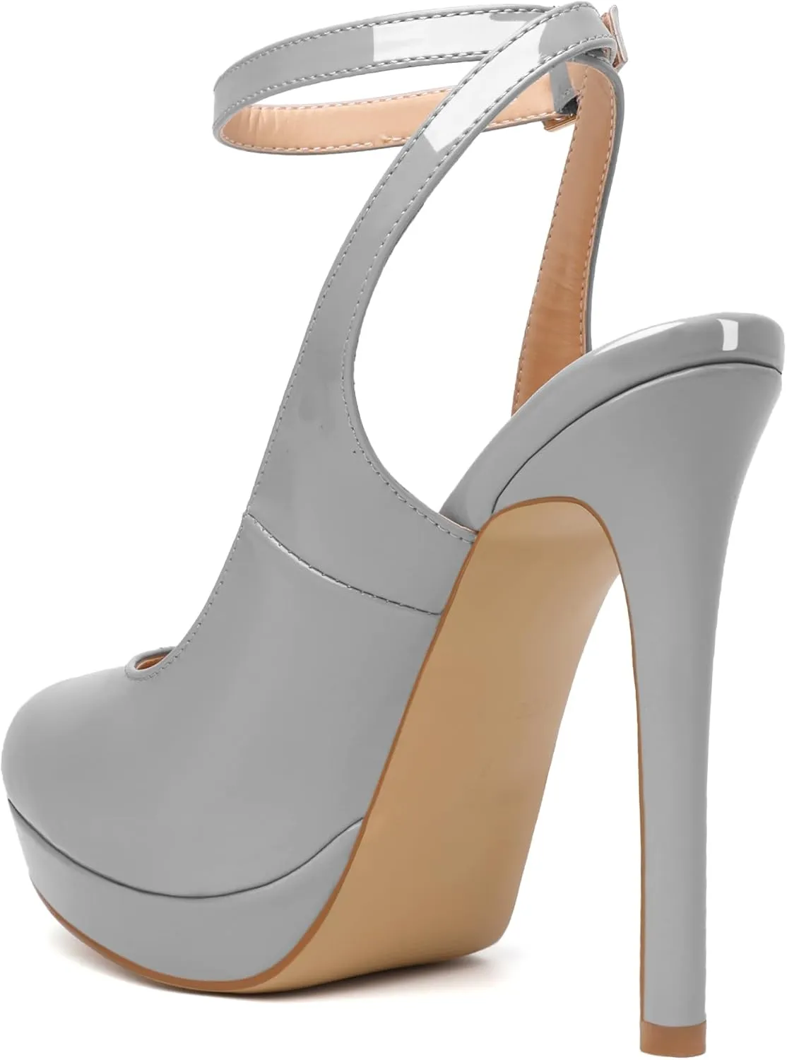 Joseywade Women's Platform Heels Slingback Round Toe Slim Thin Stilettos High Heel Pumps Ankle Strap Comfort Wedding Dress Shoes 5 Inch