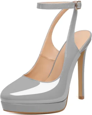 Joseywade Women's Platform Heels Slingback Round Toe Slim Thin Stilettos High Heel Pumps Ankle Strap Comfort Wedding Dress Shoes 5 Inch
