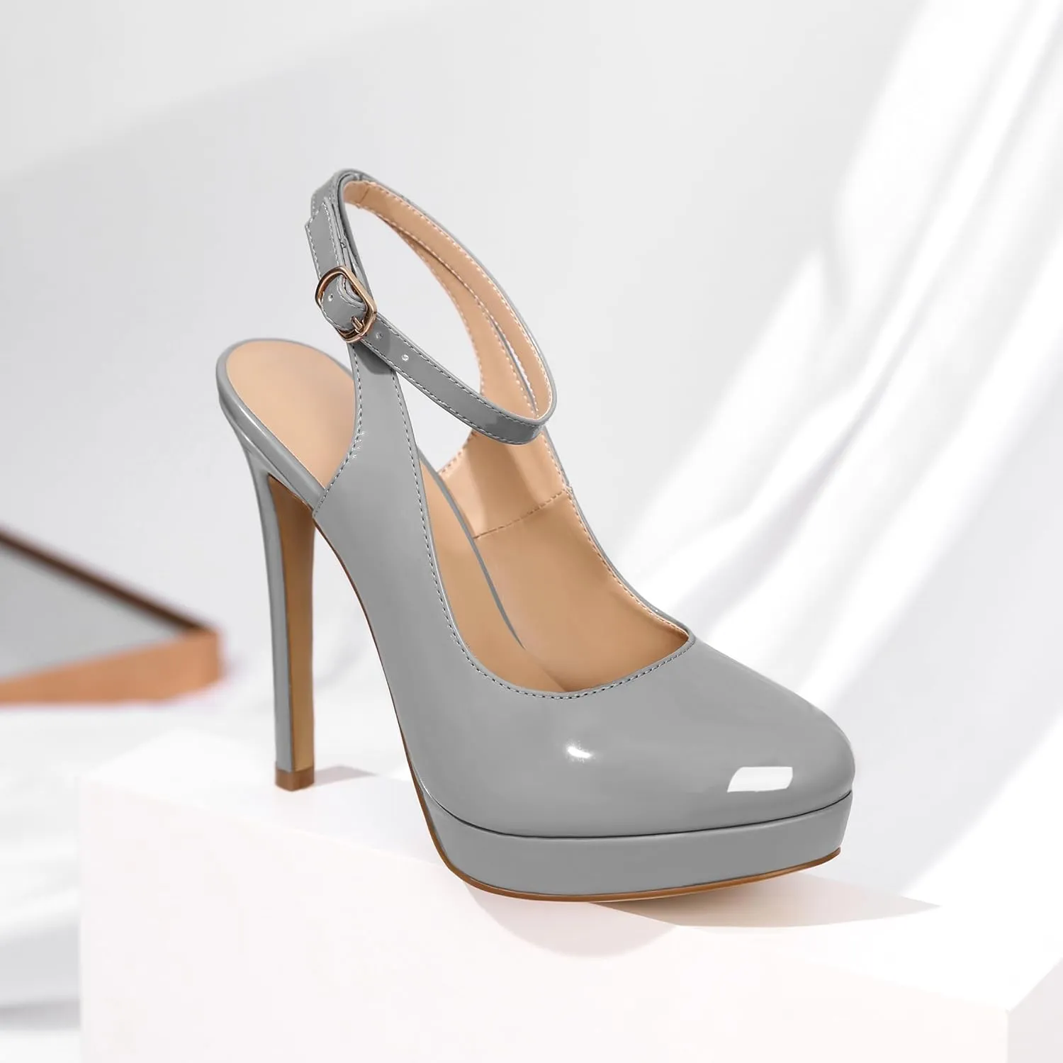 Joseywade Women's Platform Heels Slingback Round Toe Slim Thin Stilettos High Heel Pumps Ankle Strap Comfort Wedding Dress Shoes 5 Inch