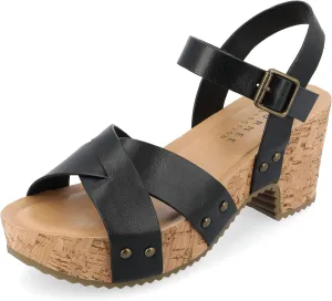 Journee Womens Crisscross Studded Chunky Block Cork Heel Buckle Ankle Strap Open Round Toe Valentina Platform