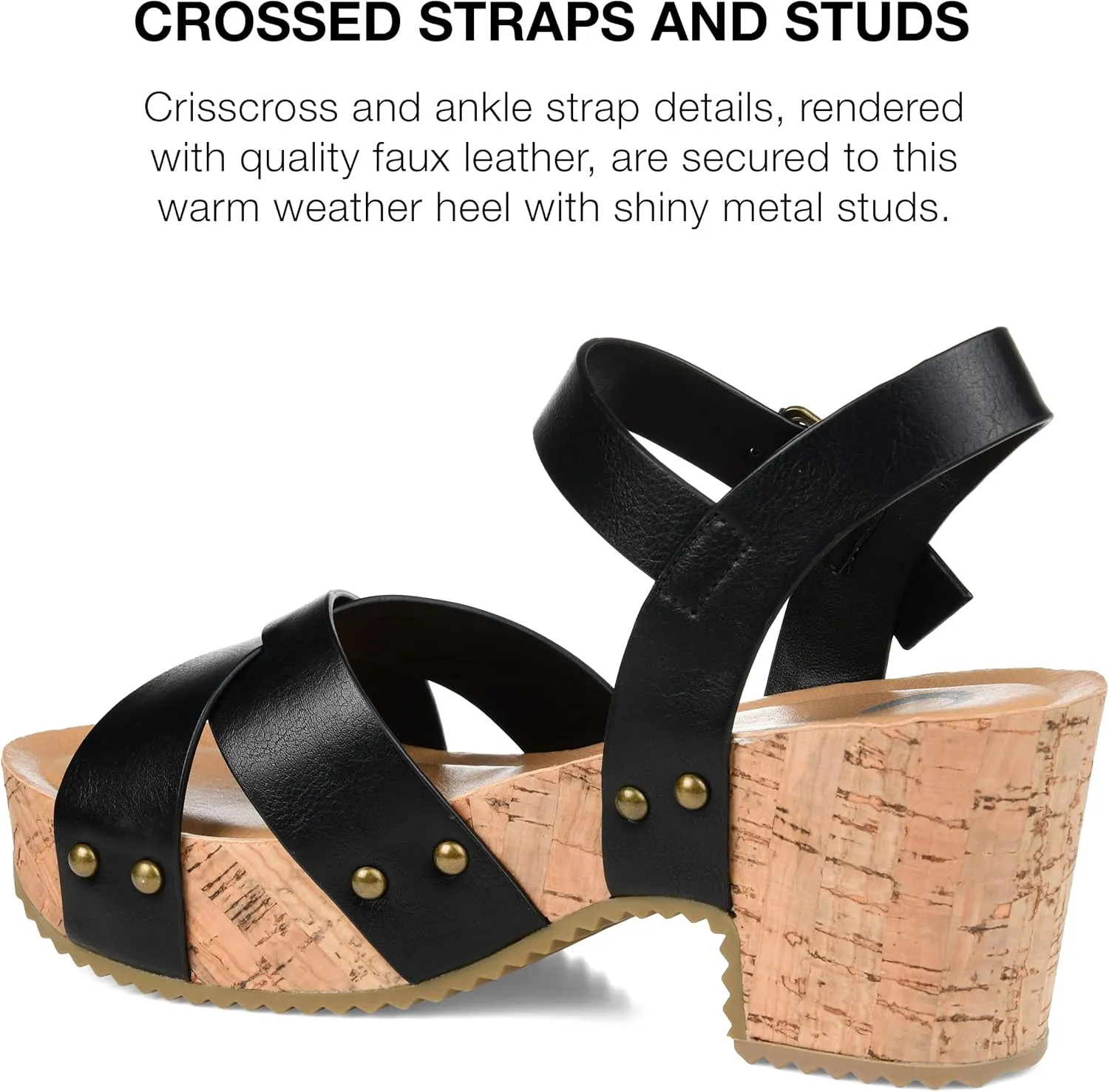 Journee Womens Crisscross Studded Chunky Block Cork Heel Buckle Ankle Strap Open Round Toe Valentina Platform