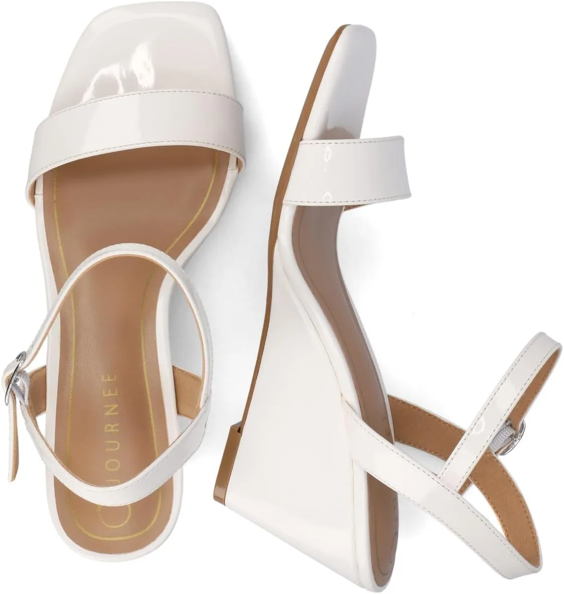 Journee Womens cushioned footbed Dressy Wedge Sandal Clayr Faux Leather Wedge Heel Ankle Straps 2-3 Inch Heel Open Toe