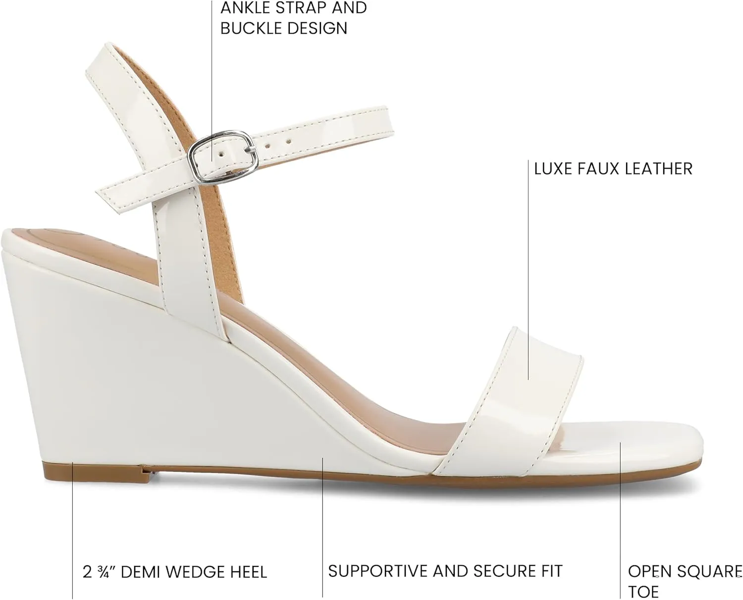 Journee Womens cushioned footbed Dressy Wedge Sandal Clayr Faux Leather Wedge Heel Ankle Straps 2-3 Inch Heel Open Toe