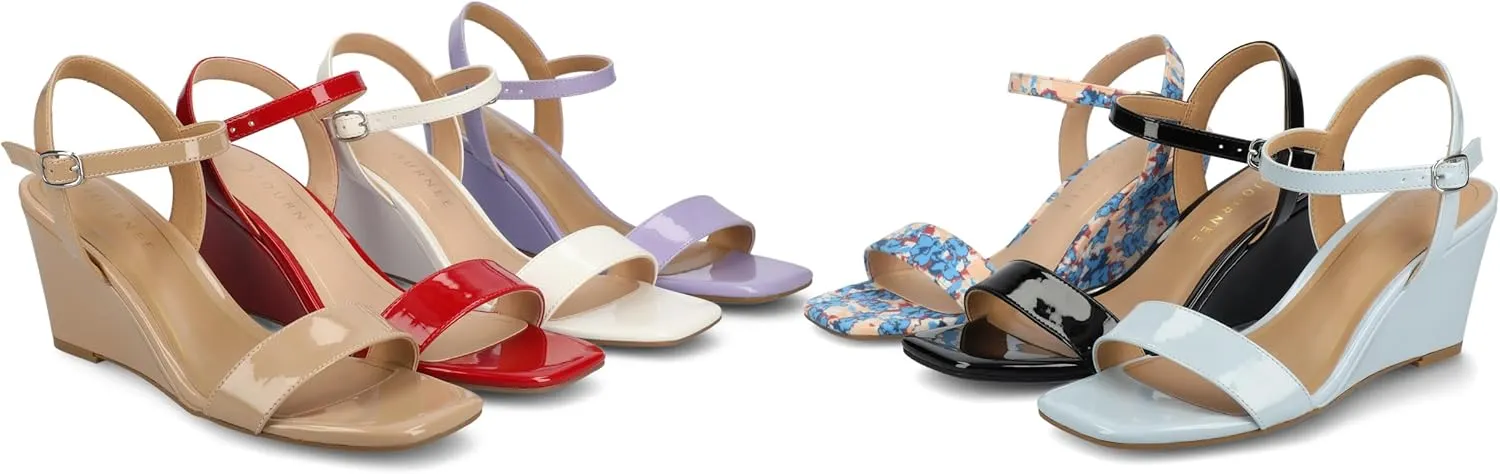 Journee Womens cushioned footbed Dressy Wedge Sandal Clayr Faux Leather Wedge Heel Ankle Straps 2-3 Inch Heel Open Toe