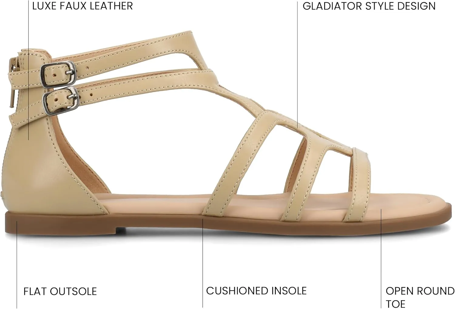 Journee Womens cushioned footbeds Genneva Gladiator Sandal flat sole ankle bucke multi strap open toe