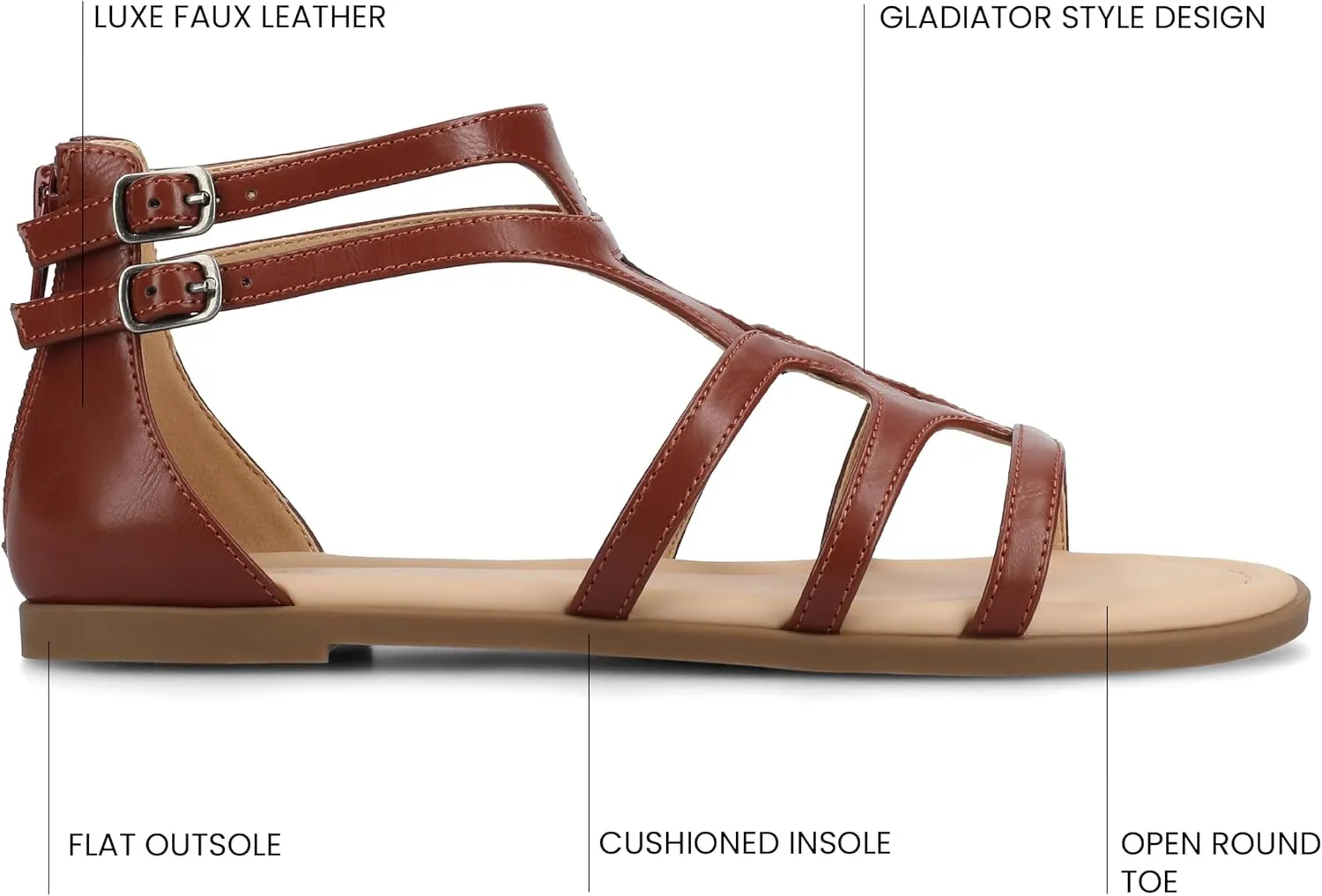 Journee Womens cushioned footbeds Genneva Gladiator Sandal flat sole ankle bucke multi strap open toe