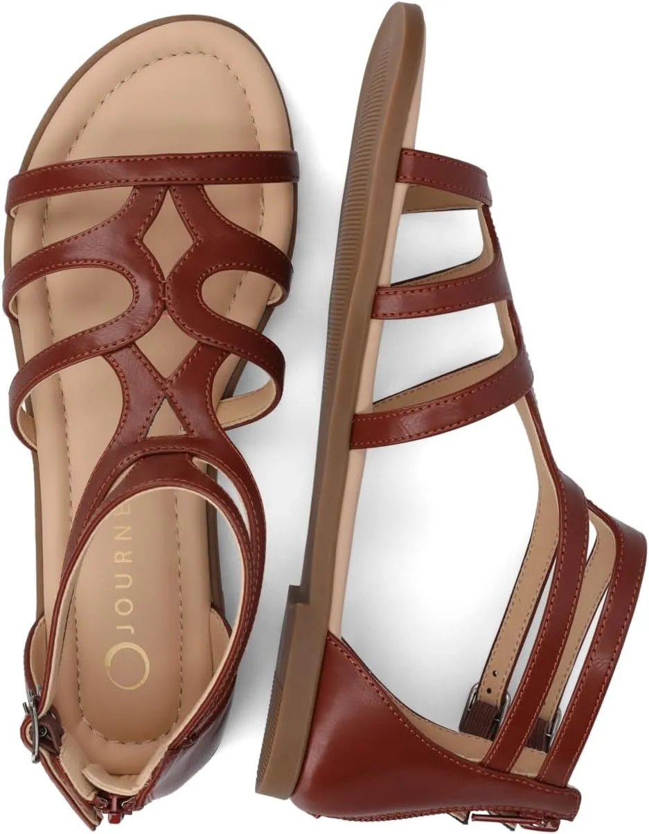 Journee Womens cushioned footbeds Genneva Gladiator Sandal flat sole ankle bucke multi strap open toe