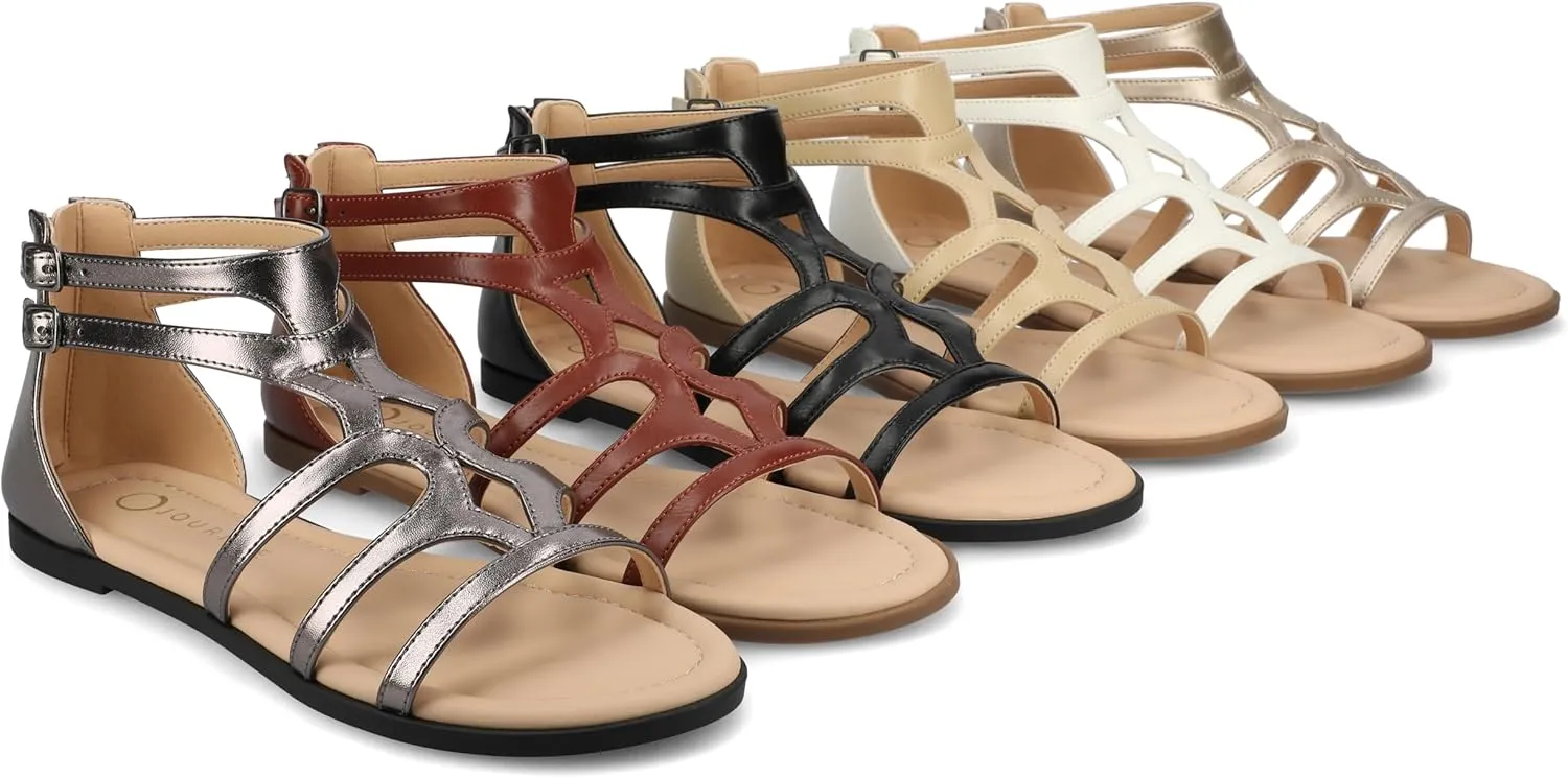 Journee Womens cushioned footbeds Genneva Gladiator Sandal flat sole ankle bucke multi strap open toe