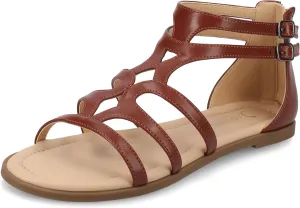 Journee Womens cushioned footbeds Genneva Gladiator Sandal flat sole ankle bucke multi strap open toe
