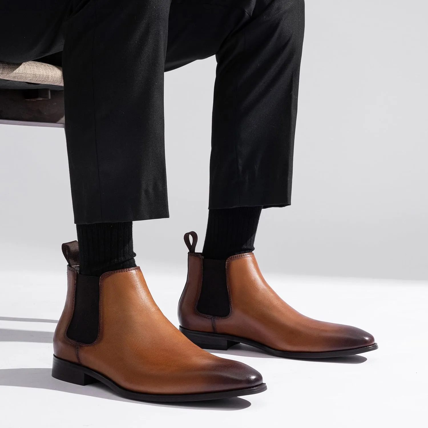 Jousen Chelsea Boots Men Polished Leather Dress Boots Stylish Classic Retro Slip On Boots for Men
