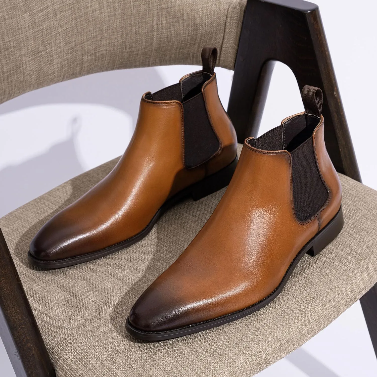 Jousen Chelsea Boots Men Polished Leather Dress Boots Stylish Classic Retro Slip On Boots for Men