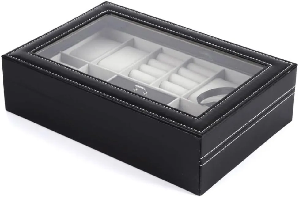 JSEIAJB Grey Velvet Cover With Transparent Glass Shaped Lock With Key Jewelry Box