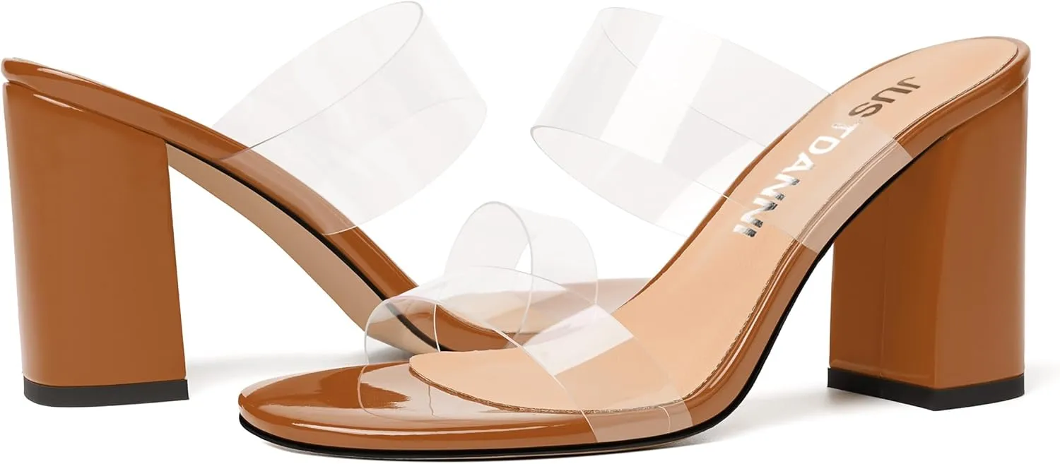 JUSTDANNI Womens Dress Clear Slip On Round Toe Stylish Evening Patent Block High Heel Heeled Sandals 3.3 Inch