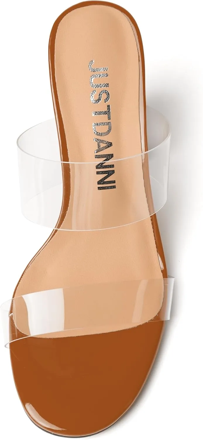 JUSTDANNI Womens Dress Clear Slip On Round Toe Stylish Evening Patent Block High Heel Heeled Sandals 3.3 Inch