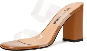 JUSTDANNI Womens Dress Clear Slip On Round Toe Stylish Evening Patent Block High Heel Heeled Sandals 3.3 Inch